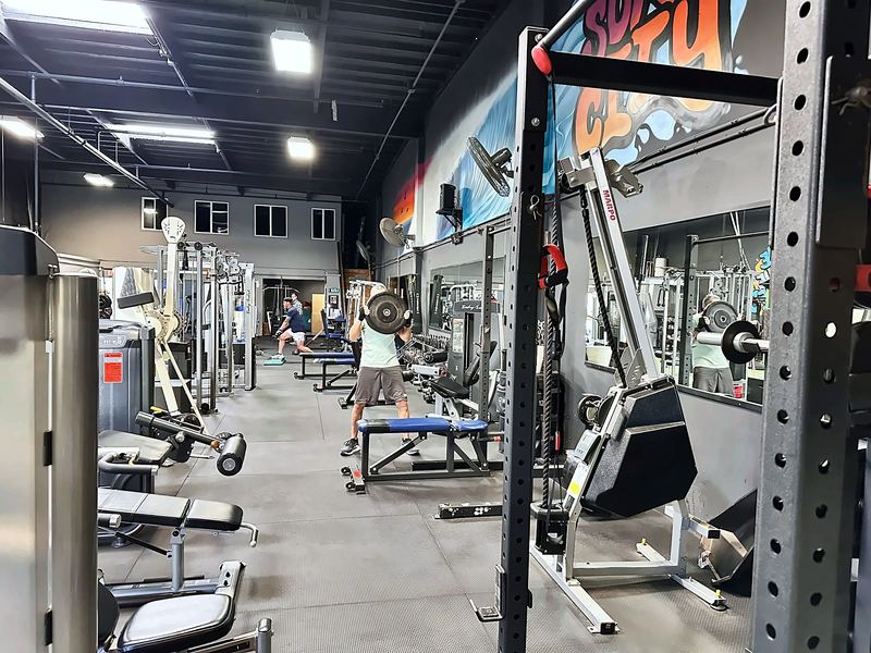 Power rack and plate-loaded machines with benches in the background.